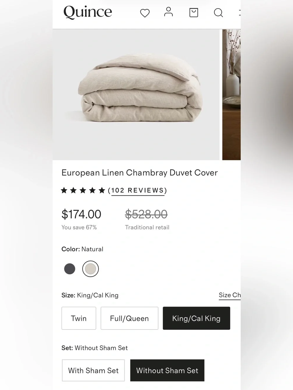 NWOT Quince European Linen Chambray Duvet Cover, King/Cal K (Natural)